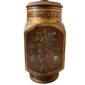 Vintage Folk Art Hand Painted Wooden Decoration With Lid Tole Flower Vase ? Fall